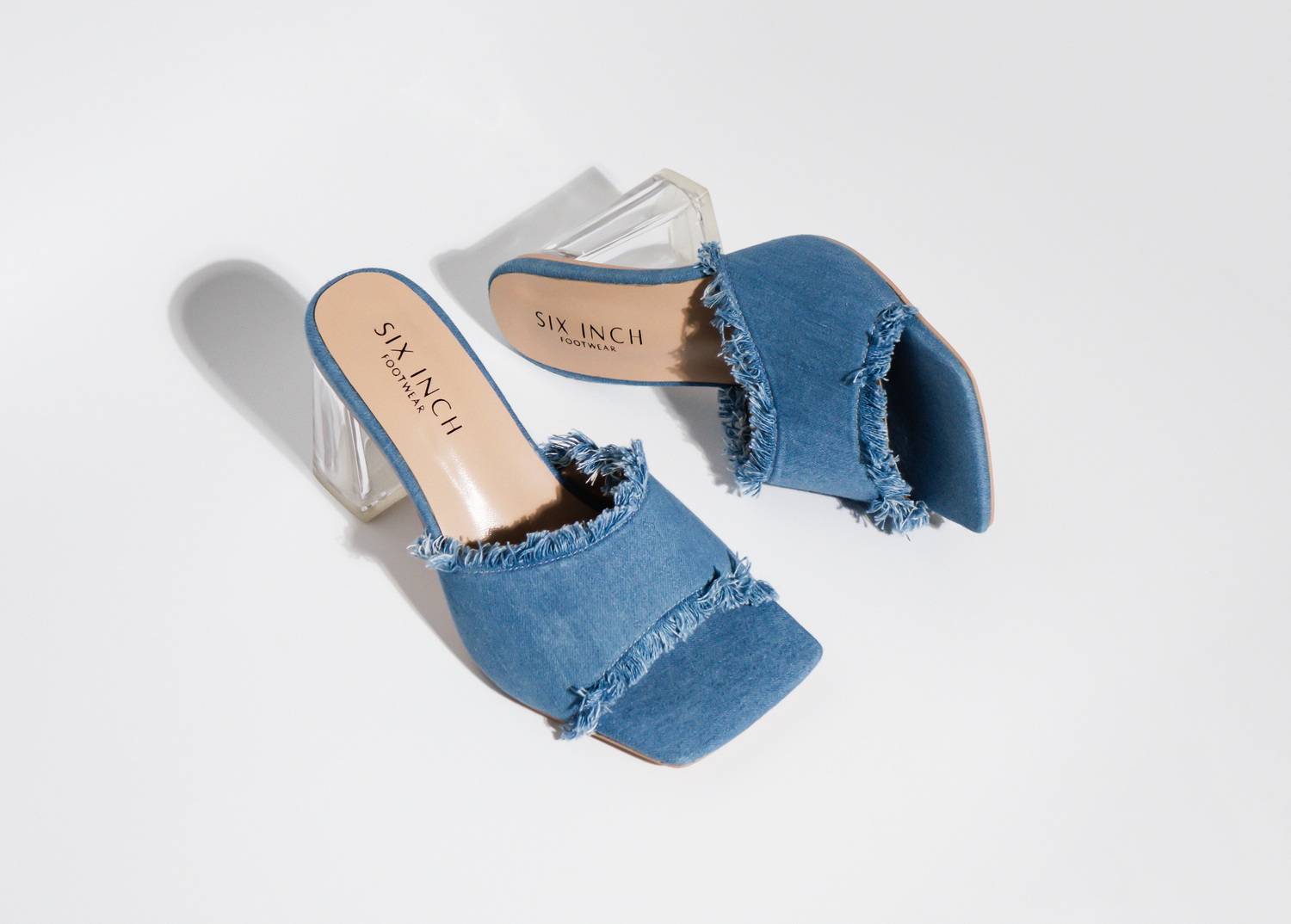 wide fit denim mules clear heel trendy