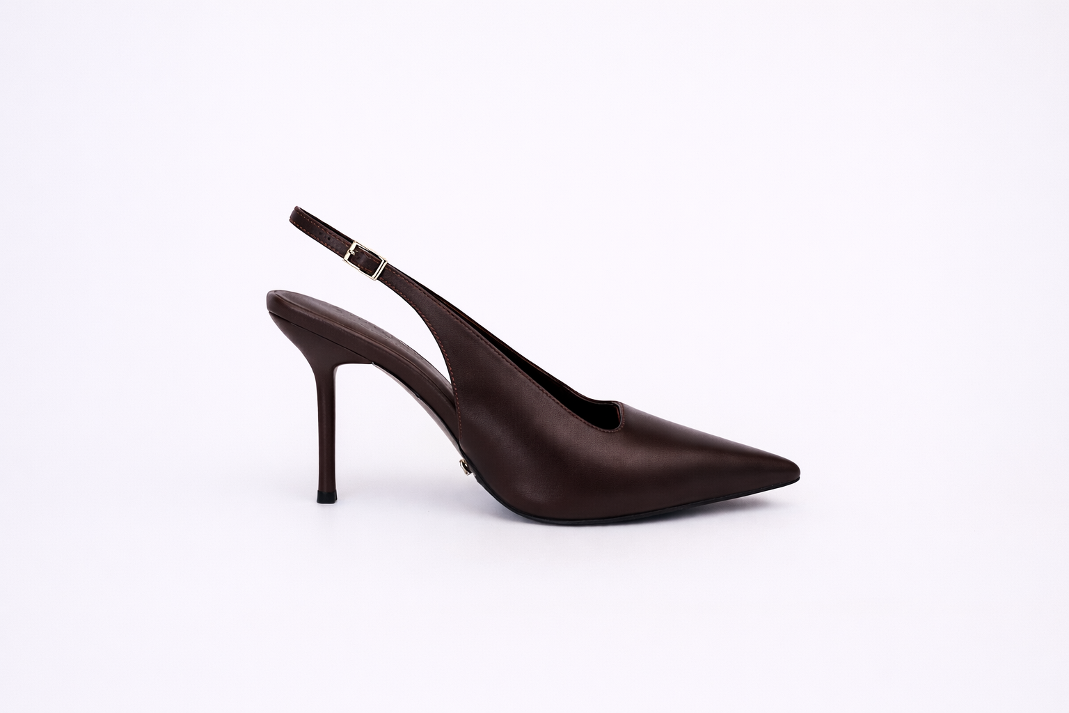 Brown high-heeled shoe on a white background